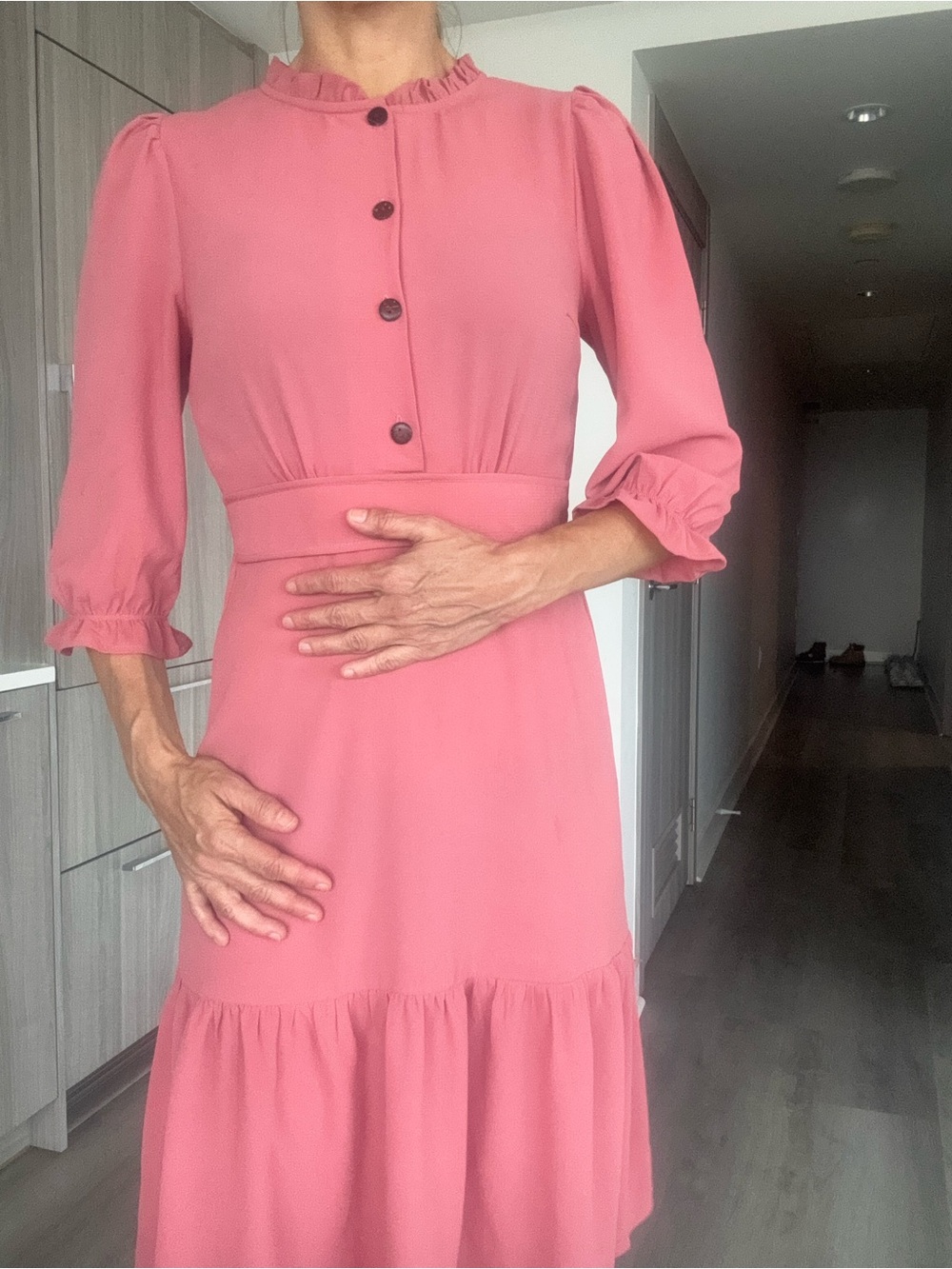 Monteau Rose-Pink Ruffle-Neck Midi Dress - Picture 2 of 10